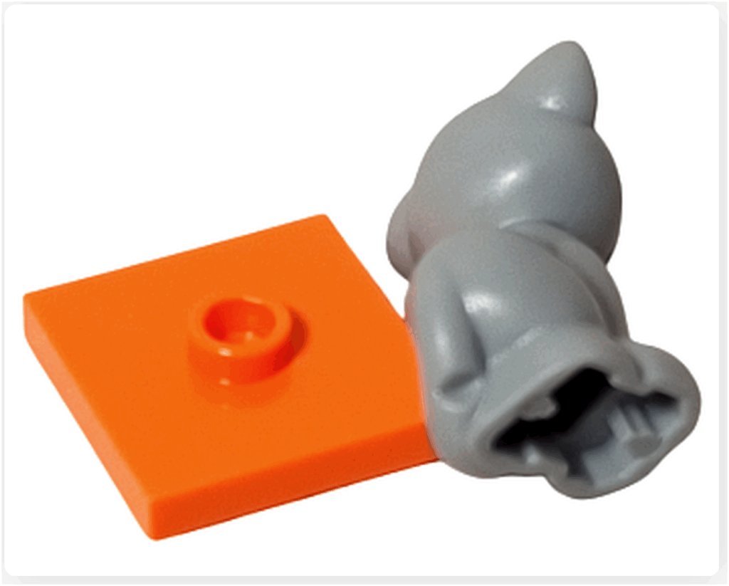 LEGO Friends 41758「アドベントカレンダー2023」14日目のパーツ。グレーの猫のフィギュア“ガートルード”と、オレンジ色のスタンド用プレートが入った内容を並べた写真です。