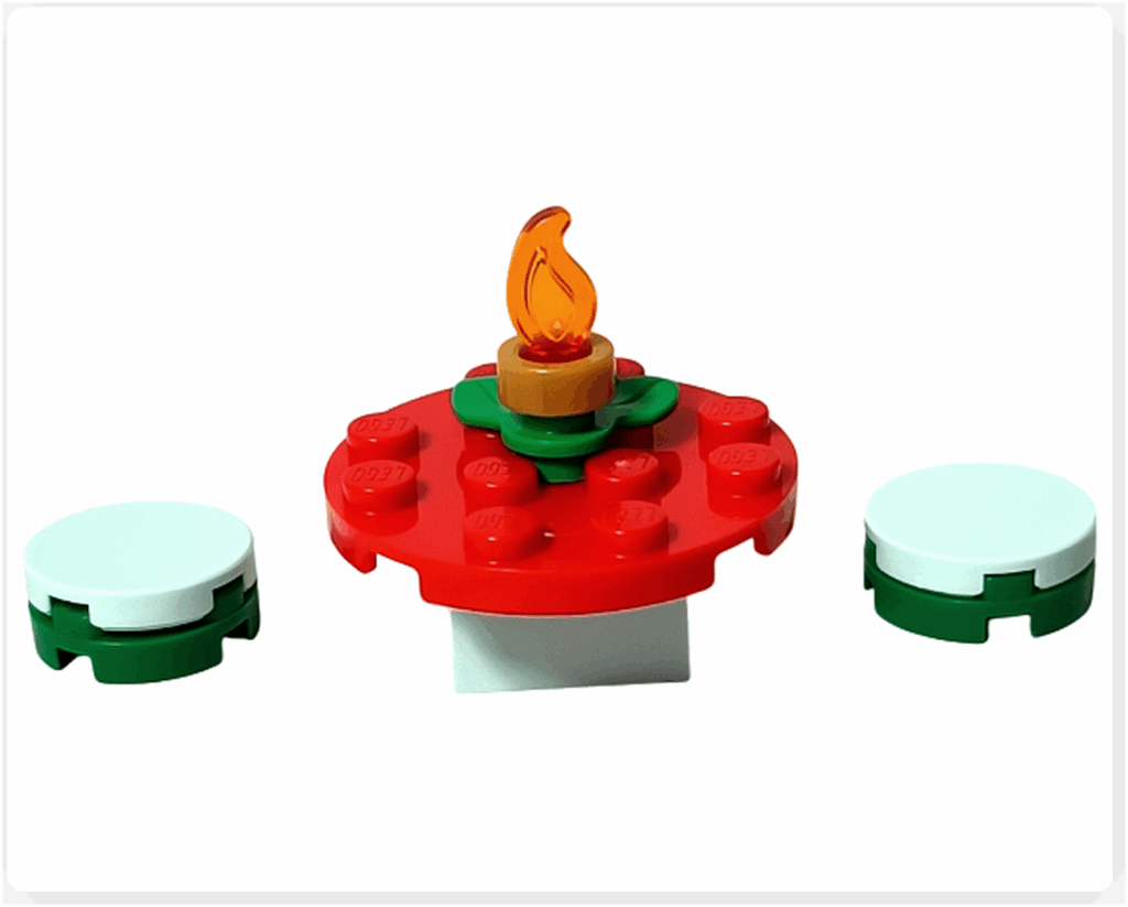 LEGO Friends 41758「アドベントカレンダー2023」16日目の完成モデル。赤い丸テーブルの中央にキャンドルが立ち、左右にミントグリーンの小テーブルが並ぶデザートテーブルセットです。