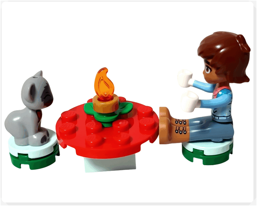 LEGO Friends 41758「アドベントカレンダー2023」16日目のシーン。レオと灰色の猫ガートルードが赤いデザートテーブルを囲み、中央のキャンドルの明かりで温かな時間を過ごしている様子です。