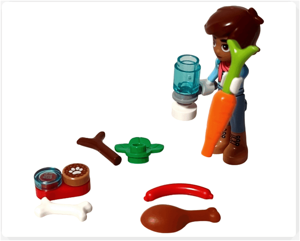 LEGO Friends アドベントカレンダー2023 17日目のシーン。レオのミニドールがにんじんとボトルを持ち、骨やドラムスティック、ソーセージなどの食材を並べて料理の準備をしている。