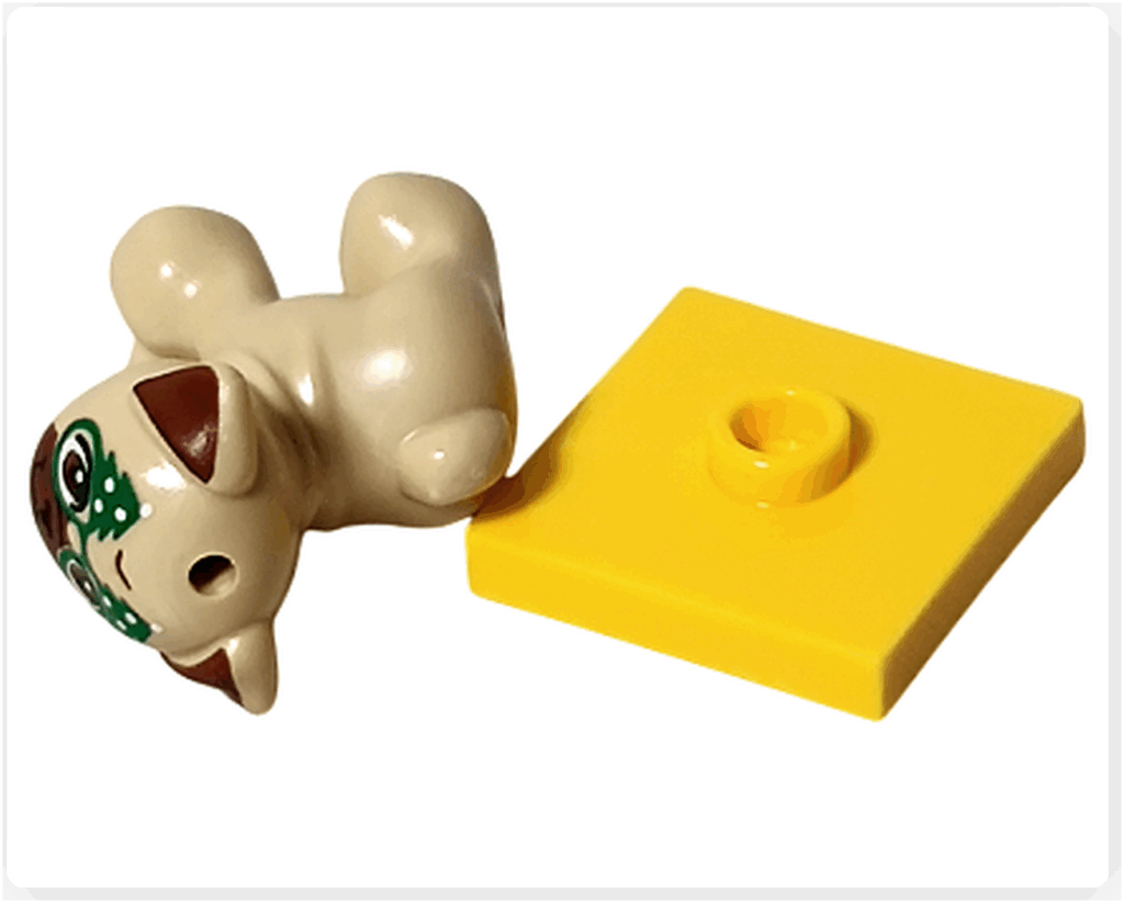 LEGO Friends アドベントカレンダー2023 18日目のパーツ。ザックの犬ダンゴのフィギュアと、黄色いプレート。