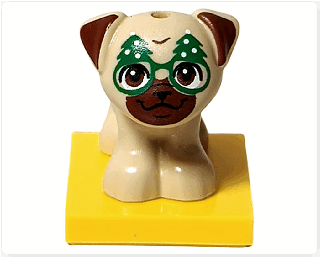 LEGO Friends アドベントカレンダー2022023 18日目の完成。ザックの犬ダンゴが黄色いプレートに固定されて座っている正面の姿。