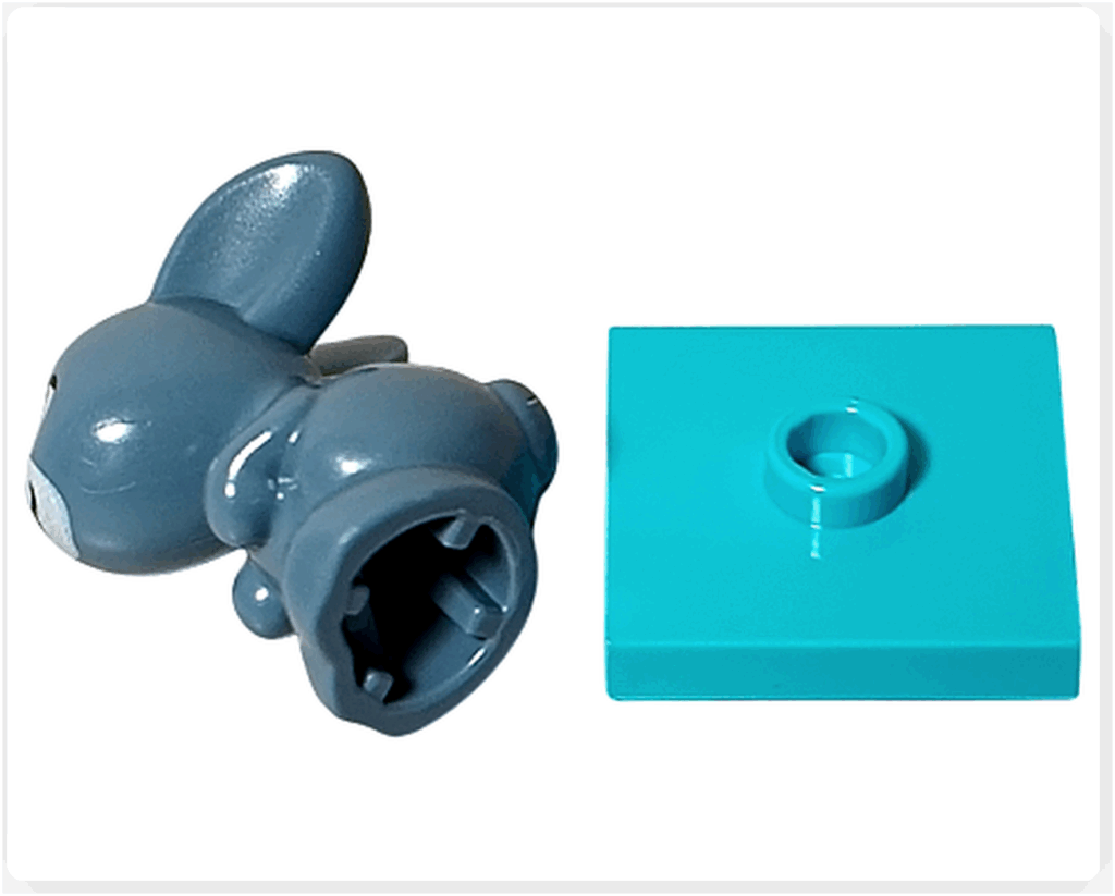 LEGO Friends アドベントカレンダー2023 20日目のパーツ。ペイズリーのウサギ・メロディのフィギュアと、ターコイズ色の1×1プレート。