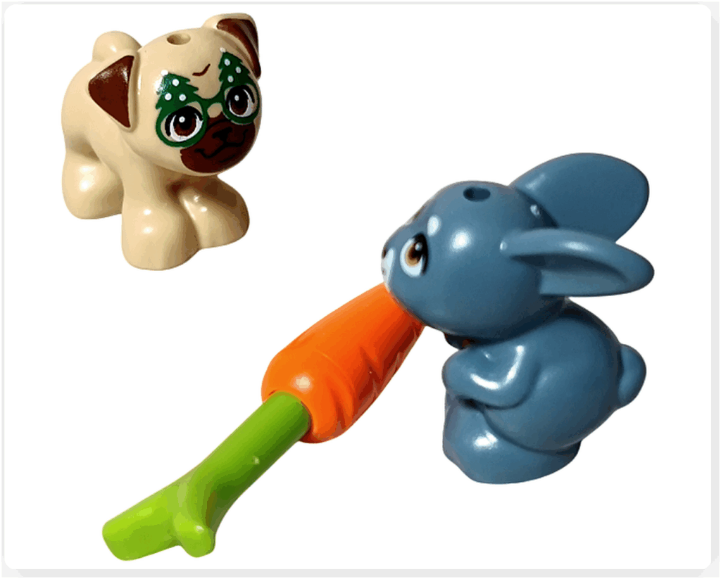 LEGO Friends アドベントカレンダー2023 20日目のシーン。ウサギのメロディが大きなニンジンを食べており、犬のダンゴが少し離れた場所からこちらを気にしている様子。