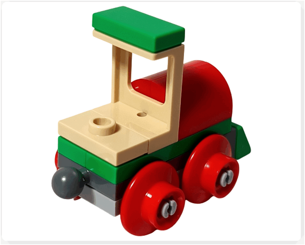 LEGO Friends アドベントカレンダー2023 21日目の完成。小さな機関車を後ろから見た様子で、連結用のグレーのジョイントパーツが確認できる。