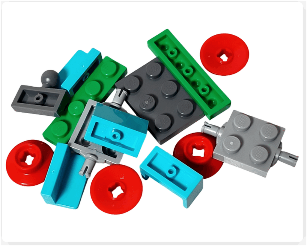 LEGO Friends アドベントカレンダー2023 23日目のパーツ。水色のブロックやプレート、赤い車輪パーツ、連結用のグレーパーツなどが並んでいる。