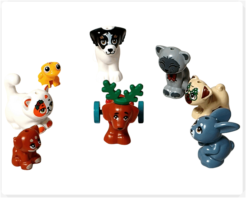 LEGO Friends アドベントカレンダー2023のペットたちが、トナカイの角と車輪をつけたピクルスを囲んでいるシーン。