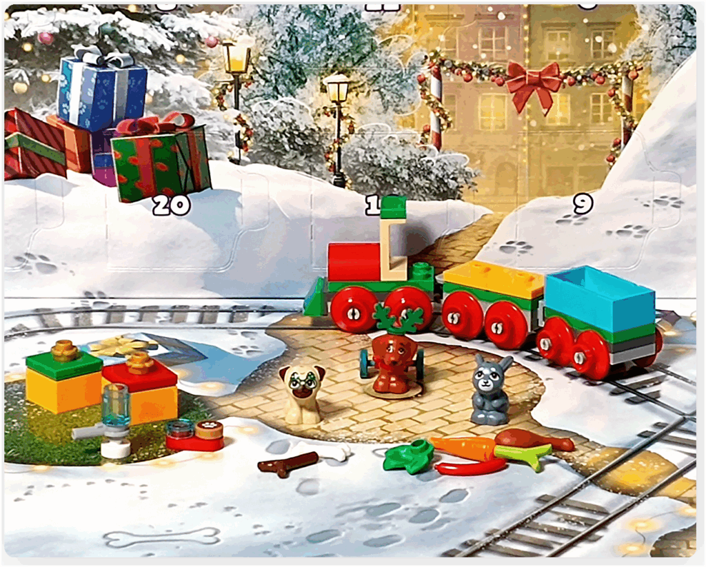 LEGO Friends アドベントカレンダー2023の17〜24日目のアイテム。 食材セット、ダンゴ、ギフトボックス、ウサギのメロディ、赤と緑の機関車、黄色と水色の貨車、 そしてトナカイの角と車輪をつけたピクルスが一緒に並んでいる集合シーン。 背景は雪の広場と夜の街並みのイラスト。