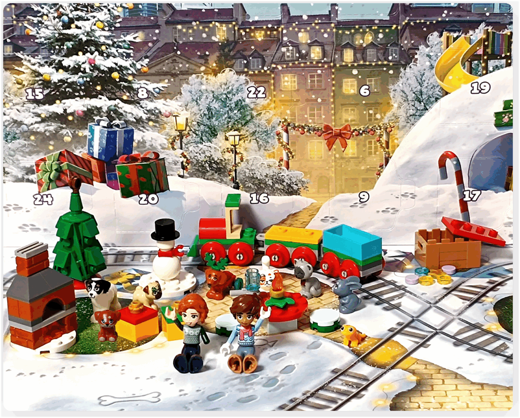 LEGO Friends アドベントカレンダー2023の1日目から24日目までのアイテムを並べた全体シーン。 レオとオータムのミニドール、ツリーや雪だるま、オーブン、ギフトボックス、食材セット、ペット(デイジー、ガートルード、メロディ、アイラ、チュロス、ダンゴ)、ピクルス、 さらに赤と緑の機関車と黄色・水色の貨車を連結したクリスマストレインが背景の雪の広場に並んでいる。
