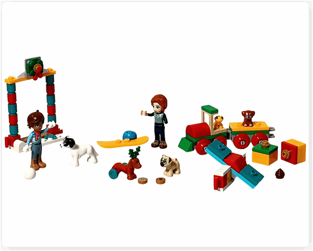 LEGO Friends 41758 アドベントカレンダー2023の総まとめシーン。レオとオータムのミニドールを中心に、デイジーやダンゴなどのペットフィギュア、スノーボード、アジリティフレーム、クリスマストレイン、ギフトボックス、冬の小物パーツが並んでいる全体写真。