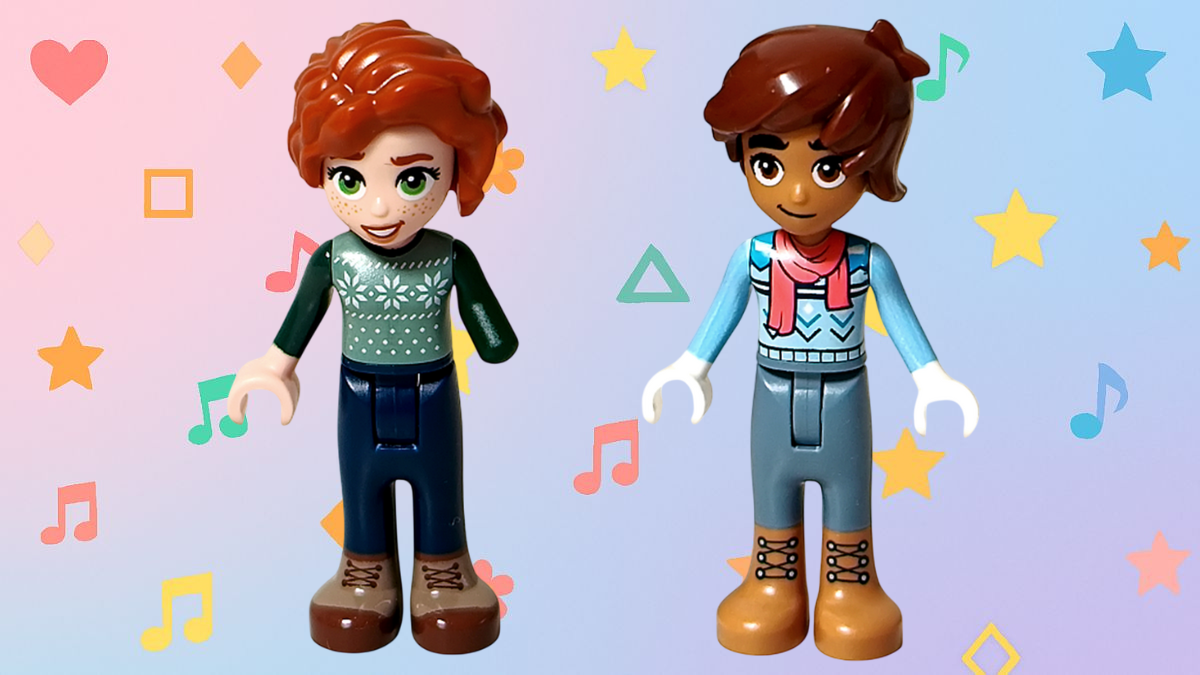 "LEGO Friends 41758 アドベントカレンダーのオータムとレオのミニドール2体を並べたアイキャッチ画像。カラフルな星や音符が散りばめられた背景。