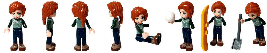 LEGO Friends 41758 オータムの8方向＋ポーズ集。正面・左右側面・背面に加え、座りポーズ、雪玉を持つポーズ、スノーボードを持つポーズ、スコップを使うポーズを横並びでまとめたギャラリー画像。