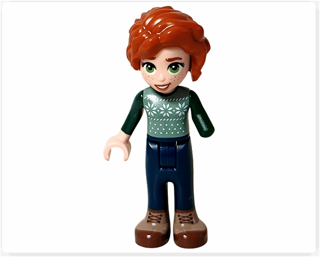 LEGO Friends 41758 オータムの正面。緑の雪柄セーターと三つ編みヘアが特徴。