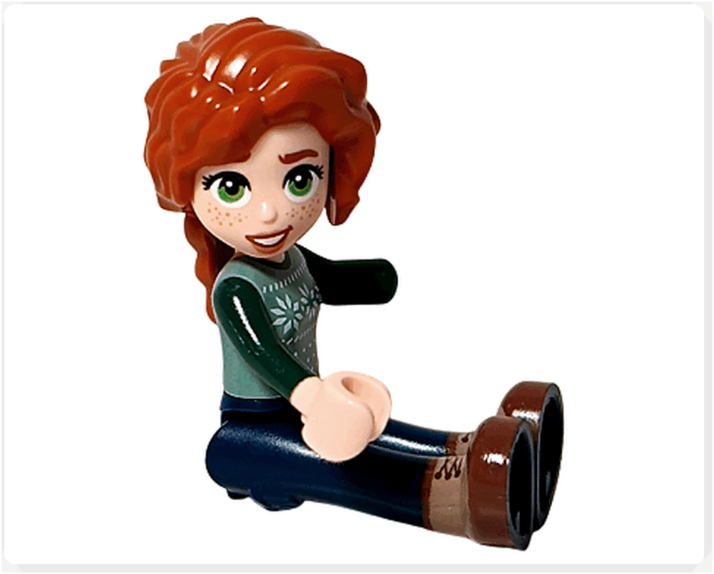 LEGO Friends 41758 オータムの座りポーズ。脚を前に伸ばして座っている。