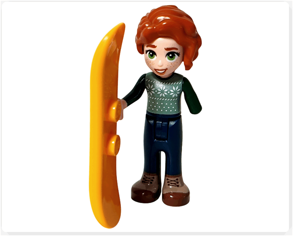 LEGO Friends 41758 オータムが黄色いスノーボードを持つポーズ。