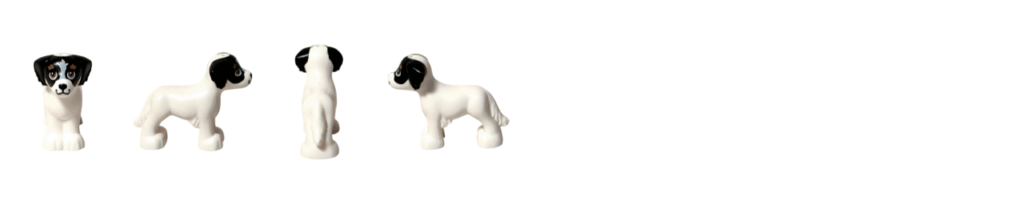 LEGO Friends 41758 デイジー（白い犬フィギュア）の4方向まとめ。正面・右側面・背面・左側面を並べたギャラリー画像。