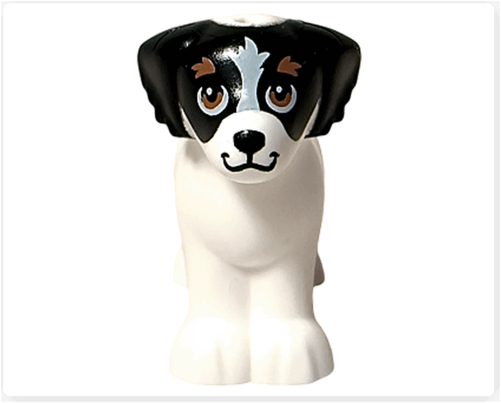 LEGO Friends 41758 デイジーの正面。黒い顔模様と丸い目が特徴の白い子犬フィギュア。