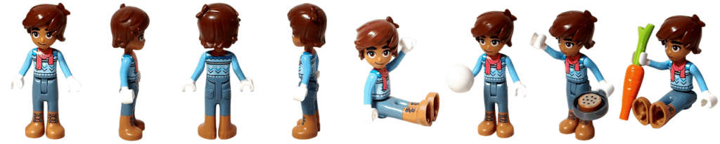 LEGO Friends 41758 レオのミニドール8方向まとめ。正面・側面・背面の基本4方向に加え、座りポーズ、雪玉を持つ姿、クッキー入りフライパンを持つ姿、ニンジンを持って座るポーズを並べたギャラリー画像。