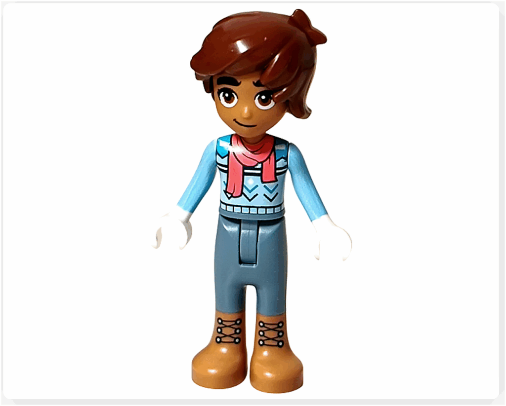 LEGO Friends 41758 レオの正面。ブルーのトップスとピンクのマフラーが特徴的。