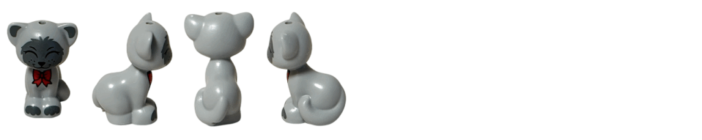 LEGO Friends 41758 ガートルード（グレーのネコフィギュア）の4方向まとめ。正面・右側面・背面・左側面を並べたギャラリー画像。