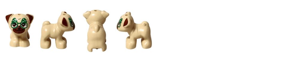 LEGO Friends 41758 ダンゴ（ツリー柄メガネの子犬フィギュア）の4方向まとめ。正面・右側面・背面・左側面を並べたギャラリー画像。