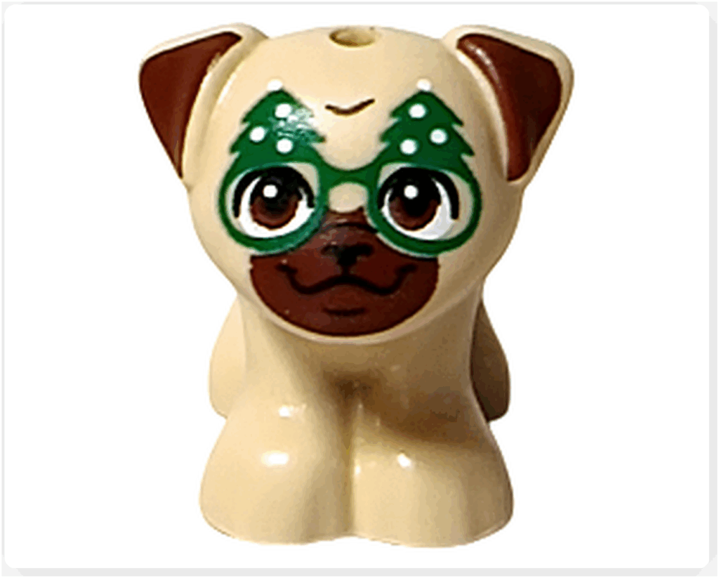 LEGO Friends 41758 ダンゴの正面。緑のツリー柄メガネとブラウンの顔パターンが特徴。