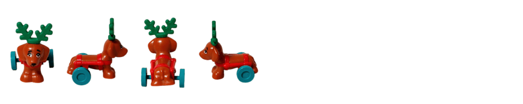 LEGO Friends 41758 ピクルス（トナカイのツノと赤いハーネス、青い車輪のカート付き子犬フィギュア）の4方向まとめ画像。正面・右側面・背面・左側面を並べたギャラリー。