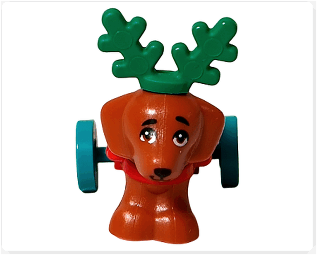 LEGO Friends 41758 ピクルスの正面。緑のツノと赤いハーネス、青い車輪をつけた茶色い子犬フィギュア。