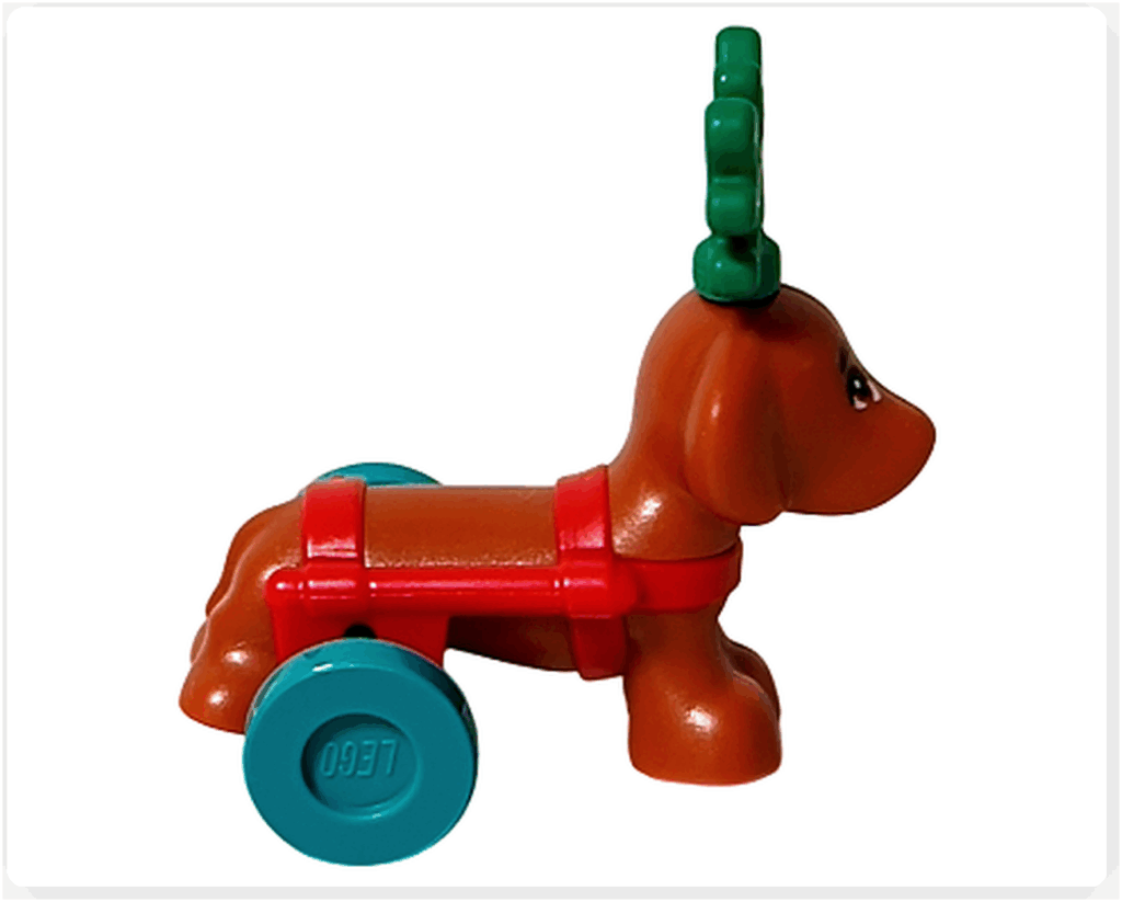 LEGO Friends 41758 ピクルスの右側面。赤いハーネスと青い車輪が確認できる。