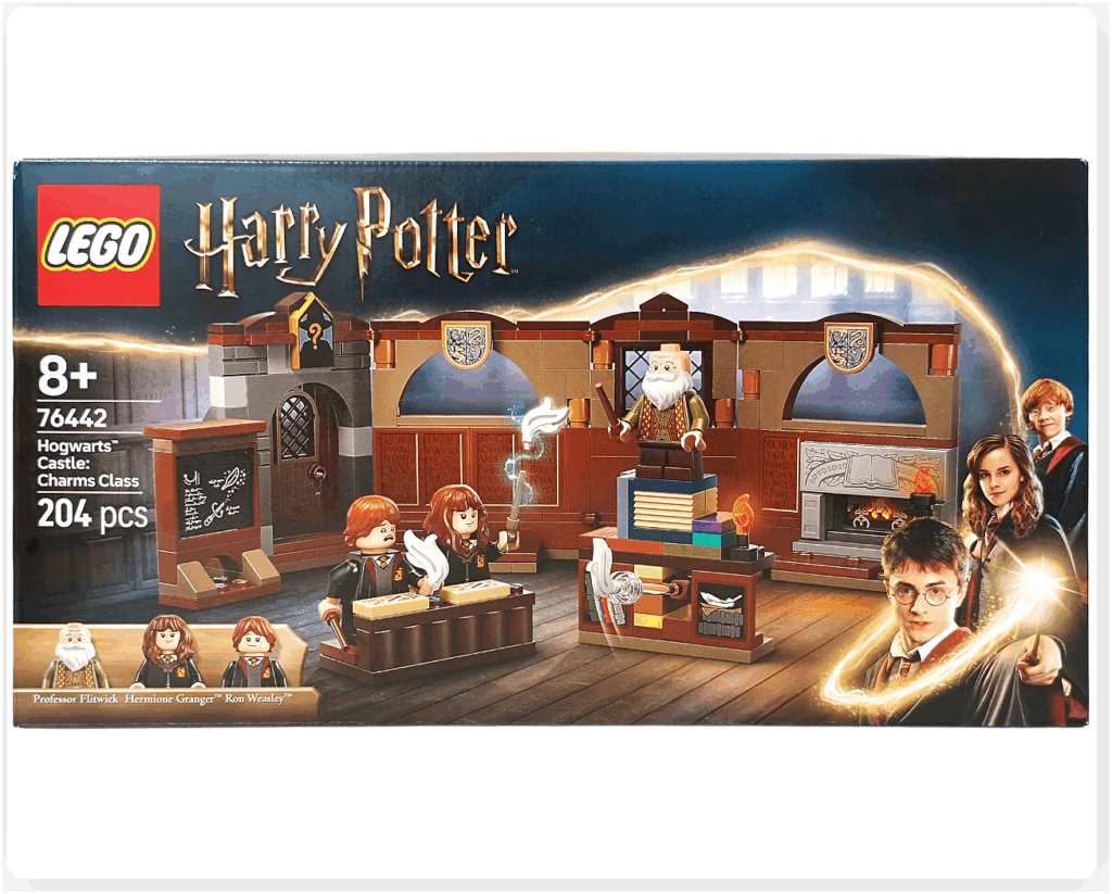 レゴ ハリー・ポッター 76442 Hogwarts Castle: Charms Class のパッケージ正面画像。教室に立つフリットウィック先生、本を前に魔法を練習するハーマイオニーとロン、黒板や暖炉が描かれた呪文学の教室シーンが大きくレイアウトされているボックスデザイン