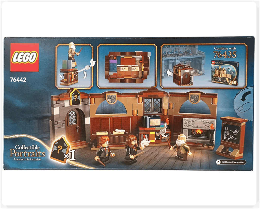レゴ ハリー・ポッター 76442 ホグワーツ城：呪文学の教室のパッケージ背面。羽根の浮遊ギミック、折りたたみ教室ユニット、壁面の内部構造、76435 大広間との連結例、付属のコレクタブルポートレートタイルなどが掲載されたボックス背面デザイン