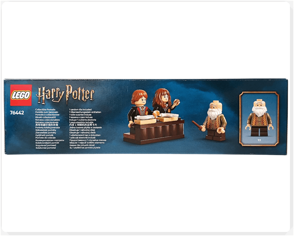レゴ ハリー・ポッター 76442 ホグワーツ城 呪文学の教室 パッケージ側面。ロン、ハーマイオニー、フリットウィック先生
