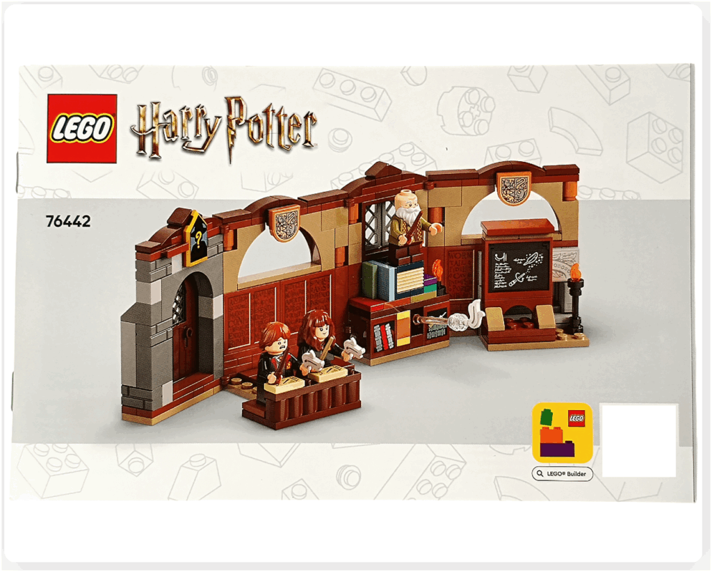レゴ ハリー・ポッター 76442 ホグワーツ城：呪文学の教室 組立説明書の表紙。完成した教室セットを背景に、フリットウィック先生・ハーマイオニー・ロンの3人が授業を行っているイラストが描かれている