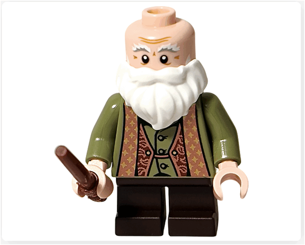 レゴ ハリー・ポッター 76442 フリットウィック先生のミニフィギュア前面。杖を持ち、緑のローブと細かなベスト柄プリントが見える様子