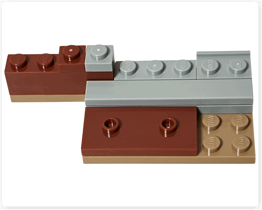 レゴ ハリー・ポッター 76442 呪文学の教室の右側壁の土台を組み立てた状態。ブラウンとライトグレーのプレートが並ぶ初期工程