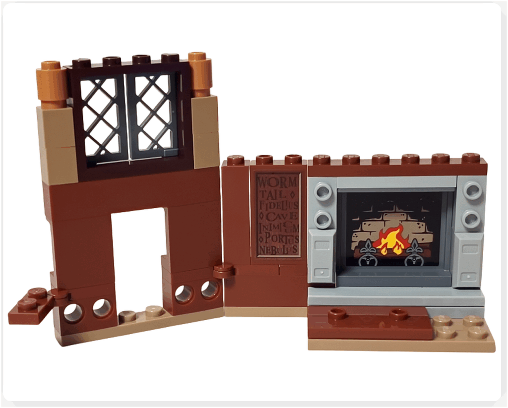 レゴ ハリー・ポッター 76442 右側の壁に暖炉パーツを組み込んだ状態。炎のプリントが追加され教室の雰囲気が強まった工程