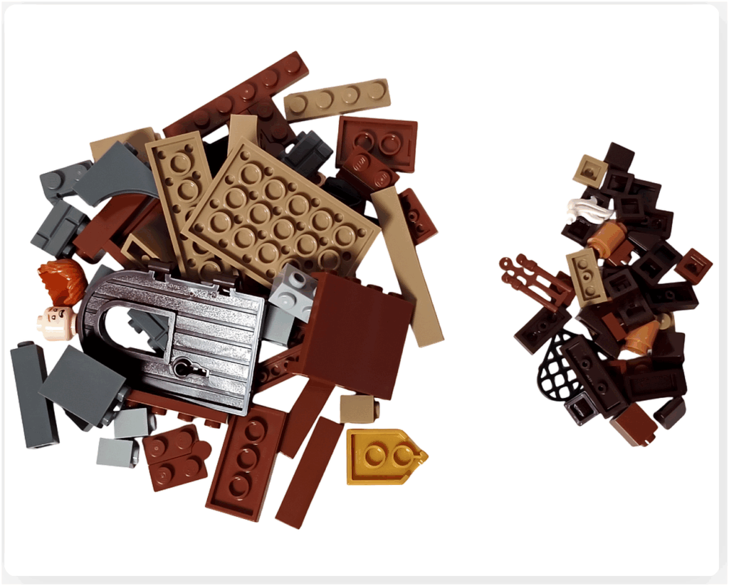 レゴ ハリー・ポッター 76442 呪文学の教室の2袋目パーツ。扉パーツやブラウン・タンのプレート、ロンのミニフィギュアパーツが並んだ内容