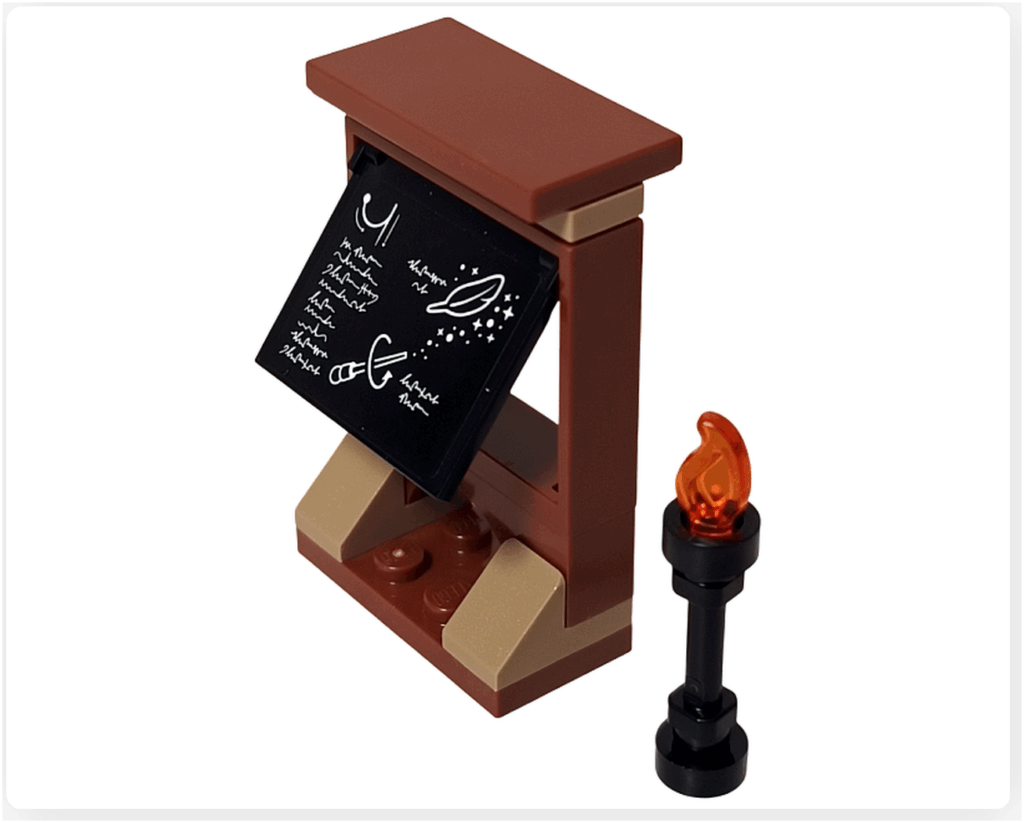 レゴ ハリー・ポッター 76442 呪文学の教室の黒板パーツ。羽根の軌道や呪文が描かれたステッカーと、シンプルな黒板スタンドが組み立てられた状態