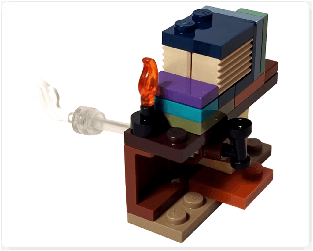 レゴ ハリー・ポッター 76442 本棚に組み込まれた浮遊ギミック。透明バーの先に羽根パーツが付き、レバー操作で羽根が上下する仕組みになっている様子