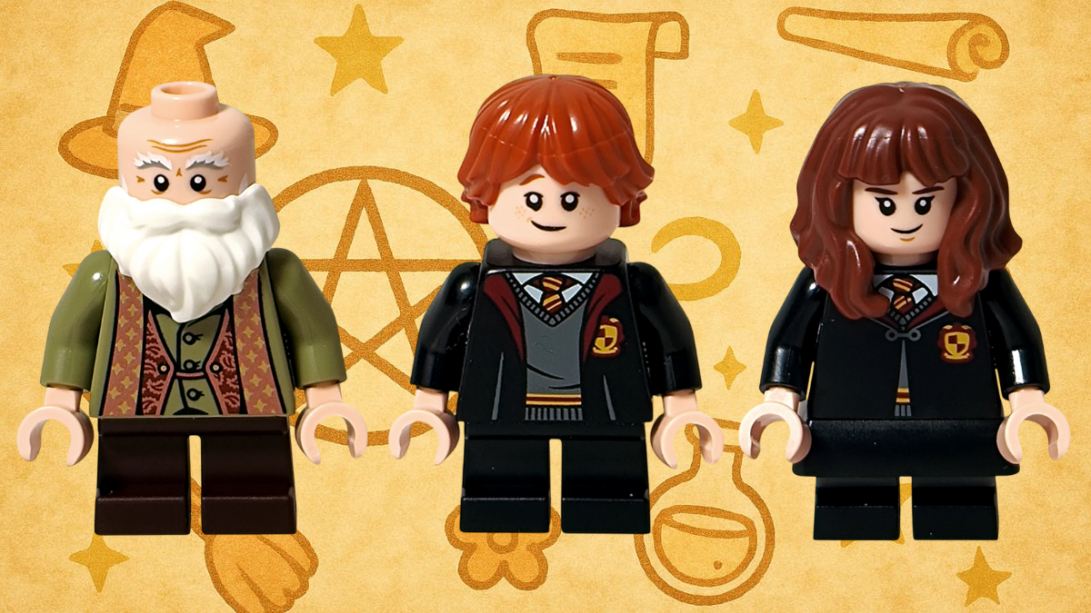 レゴ ハリー・ポッター 76442 に含まれるミニフィグ3体（フリットウィック先生・ロン・ハーマイオニー）が並んで立っているアイキャッチ画像。魔法モチーフの背景とともに、呪文学の教室らしい雰囲気を表現している。