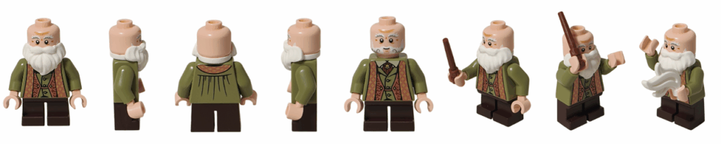 レゴ ハリー・ポッター 76442 のフリットウィック先生ミニフィグのギャラリー。前後左右の角度、杖を振るポーズ、羽根の魔法シーンなどをまとめた一覧写真。