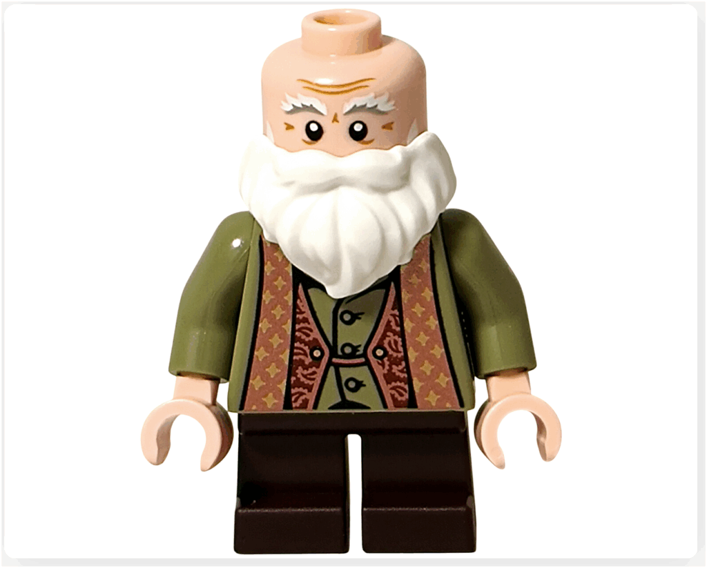 レゴ ハリー・ポッター 76442 フリットウィック先生ミニフィグの前面ショット。白い大きなひげ、模様入りベスト、オリーブ色の上着が特徴のデザイン。