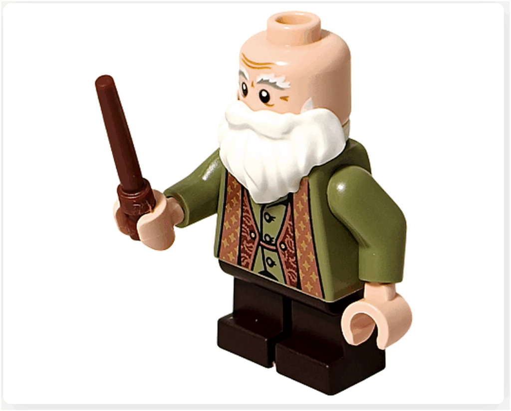 レゴ ハリー・ポッター 76442 フリットウィック先生ミニフィグの正面寄りショット。白い長いひげとオリーブグリーンのローブをまとい、右手に杖を持って立っている姿。