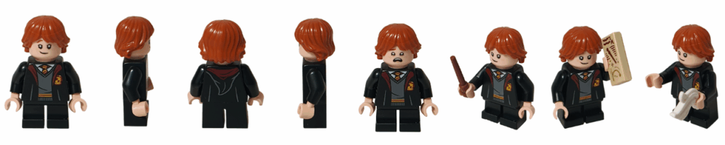 レゴ ハリー・ポッター 76442 に含まれるロン・ウィーズリーのミニフィグ写真。正面・側面・背面・別表情・杖持ち・教科書持ち・羽根持ちなど、各アングルとポーズをまとめたギャラリー。
