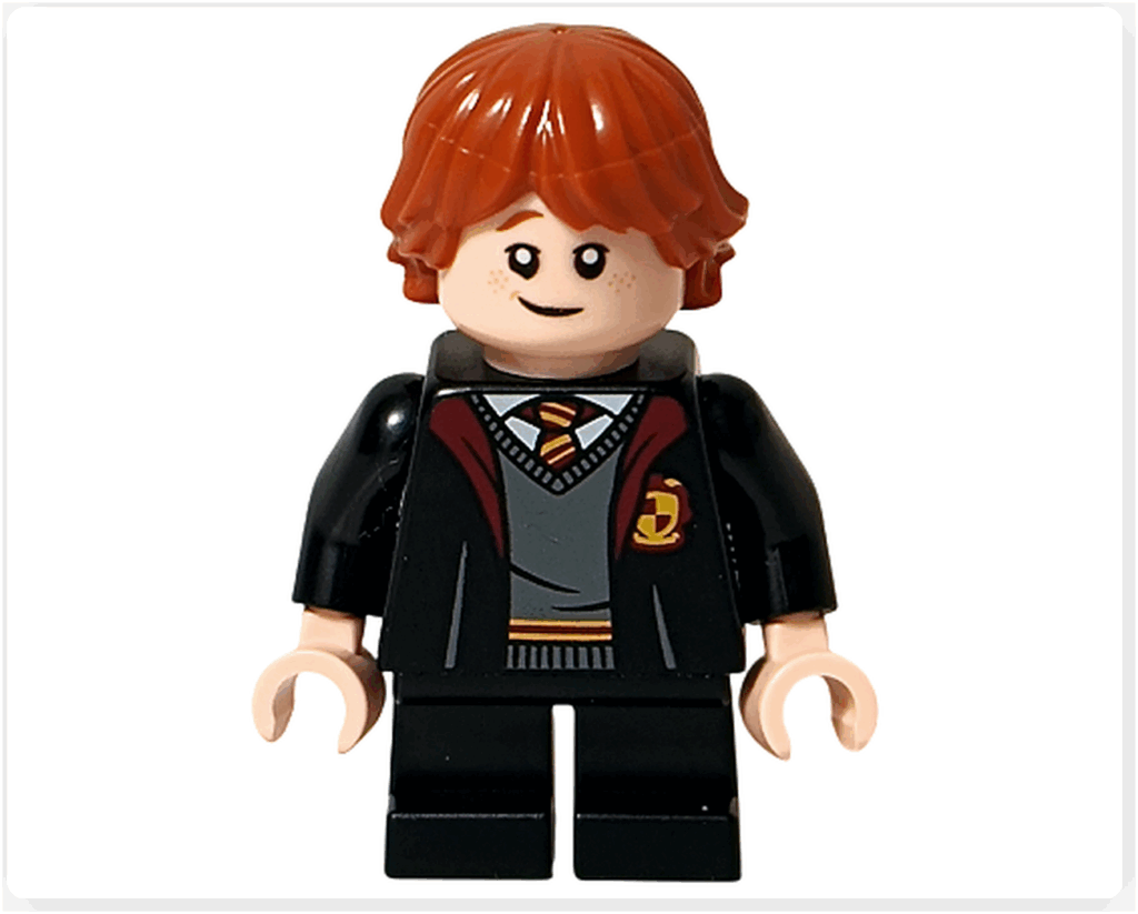 レゴ ハリー・ポッター 76442 に含まれるロン・ウィーズリーのミニフィグ正面。赤毛のヘアパーツとグリフィンドールの制服プリントが特徴。