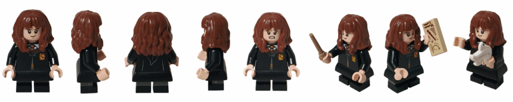レゴ ハリー・ポッター 76442 のハーマイオニー・グレンジャーのミニフィグ写真。正面・側面・背面・別表情、杖持ち、教科書持ち、羽根の魔法シーンなどを収めたギャラリー。