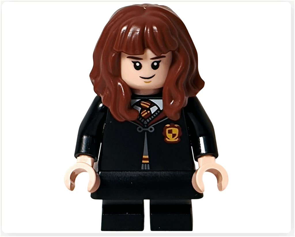 レゴ ハリー・ポッター 76442 のハーマイオニー・グレンジャーのミニフィグ前面。栗色の長い髪、グリフィンドールの制服、落ち着いた微笑みが特徴。