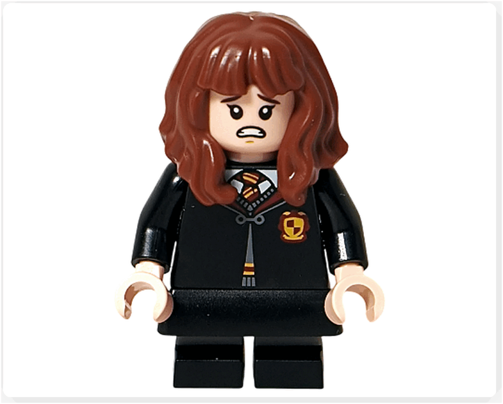 レゴ ハリー・ポッター 76442 のハーマイオニー・グレンジャーのミニフィグ別表情。驚いたような不安げな顔で、黒いローブと巻き髪の造形が特徴。