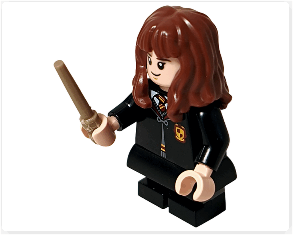 レゴ ハリー・ポッター 76442 のハーマイオニー・グレンジャーのミニフィグ。右手に杖を持ち、呪文を使う準備をしているポーズ。