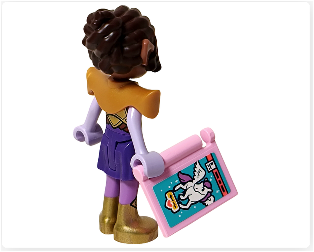 レゴ フレンズ 42674 アリヤのミニドール背面。メディーバル風の肩当てと髪型がわかる後ろ姿。